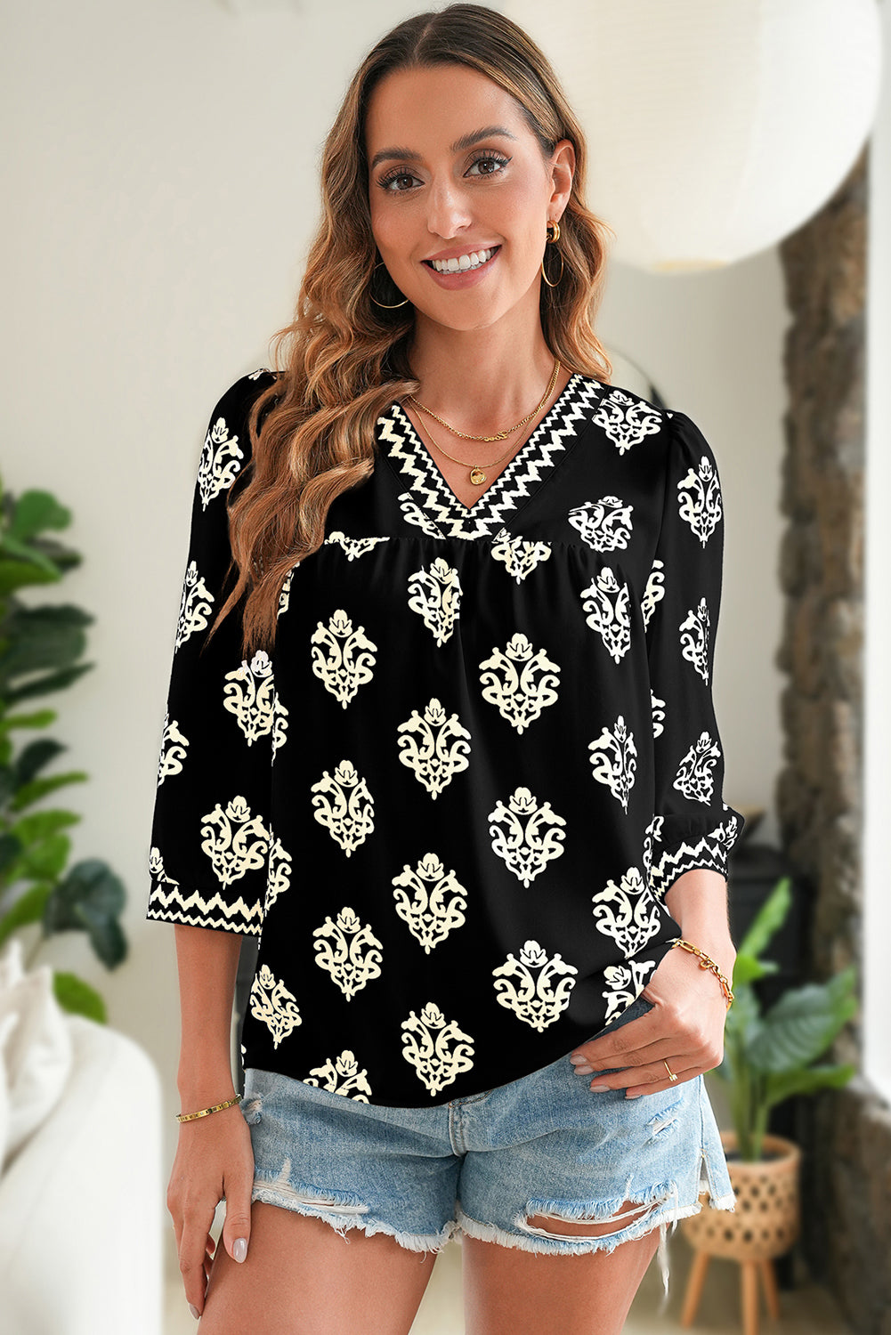 Green Damask Floral Print Contrast V Neck 3/4 Sleeve Blouse - Kustom Kreations Goods