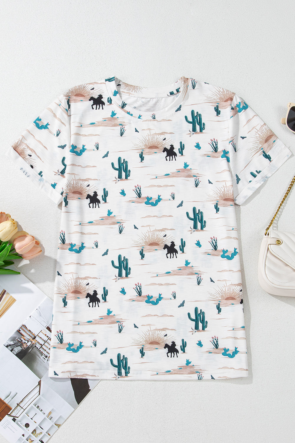 Beige Cactus Print Crew Neck Short Sleeve Top - Kustom Kreations Goods