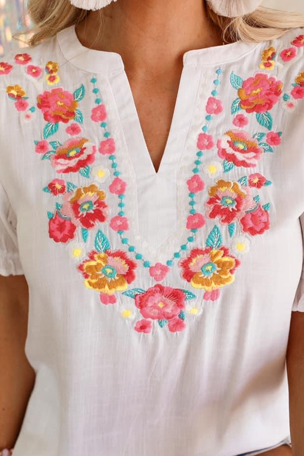 Black Floral Embroidered Boho Ruffle Puff Sleeve Blouse
