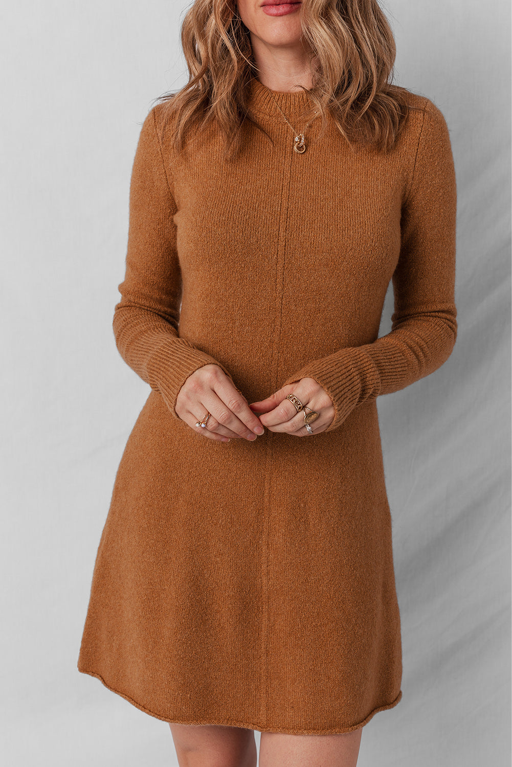 Straw Yellow Ribbed Detail Solid Color Mini Sweater Dress - Kustom Kreations Goods