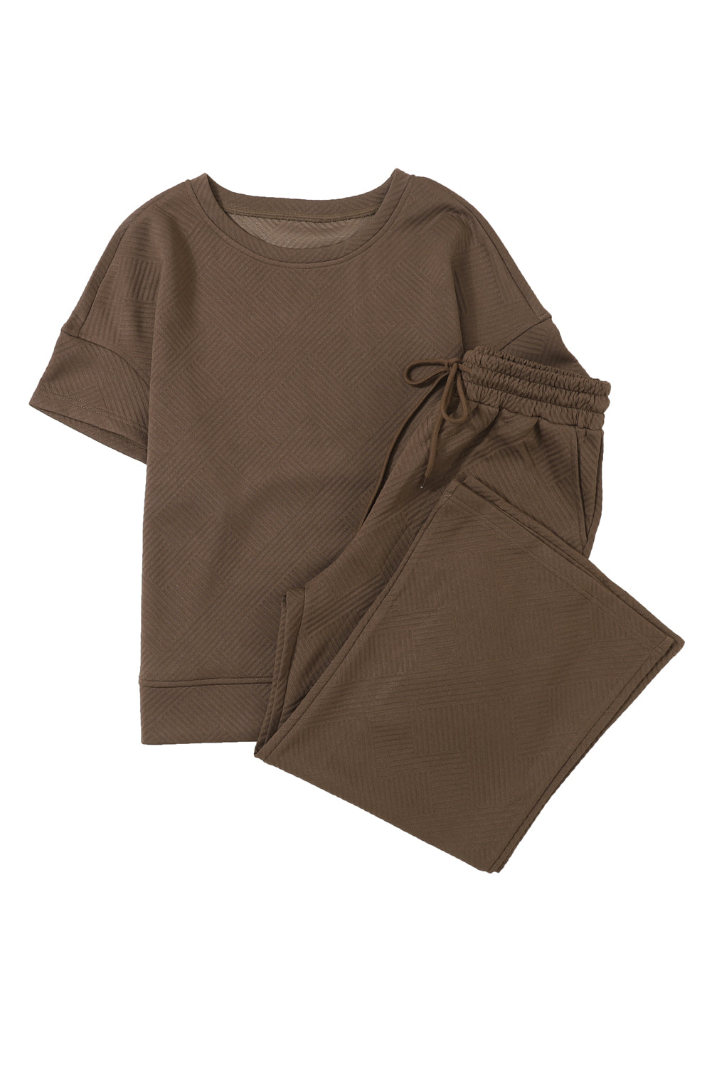Brown Textured Loose Fit T Shirt and Drawstring Pants Set