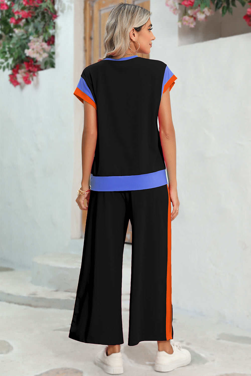 Black Colorblock Cap Sleeve Tee and Wide Leg Pants Set