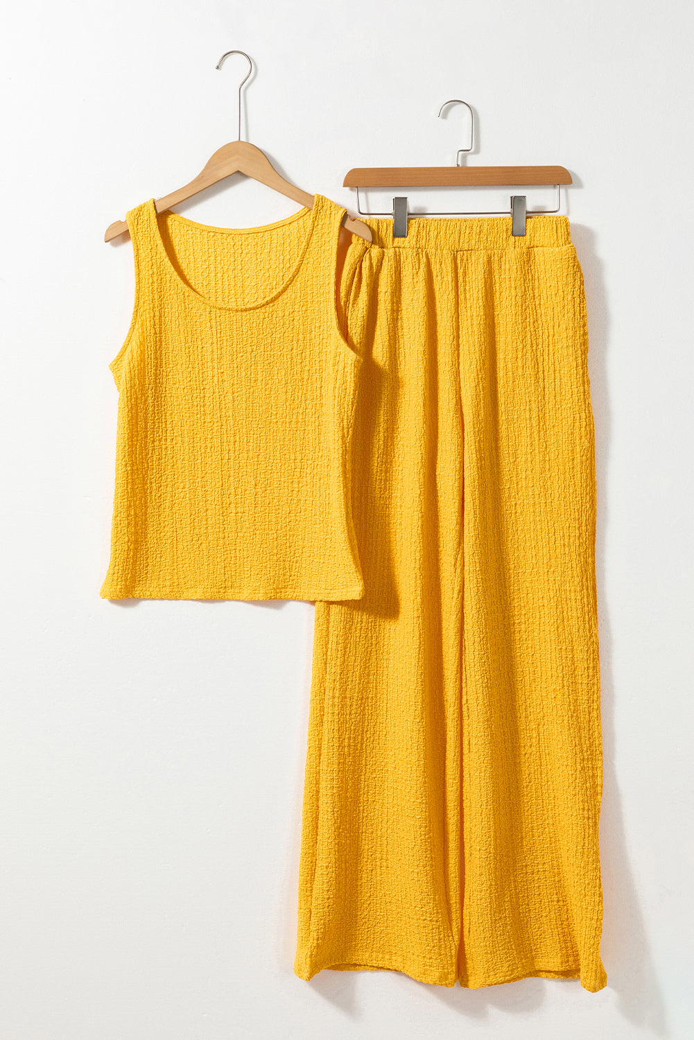 Yellow Crinkled U Neck Tank and Wide Leg Pants Set