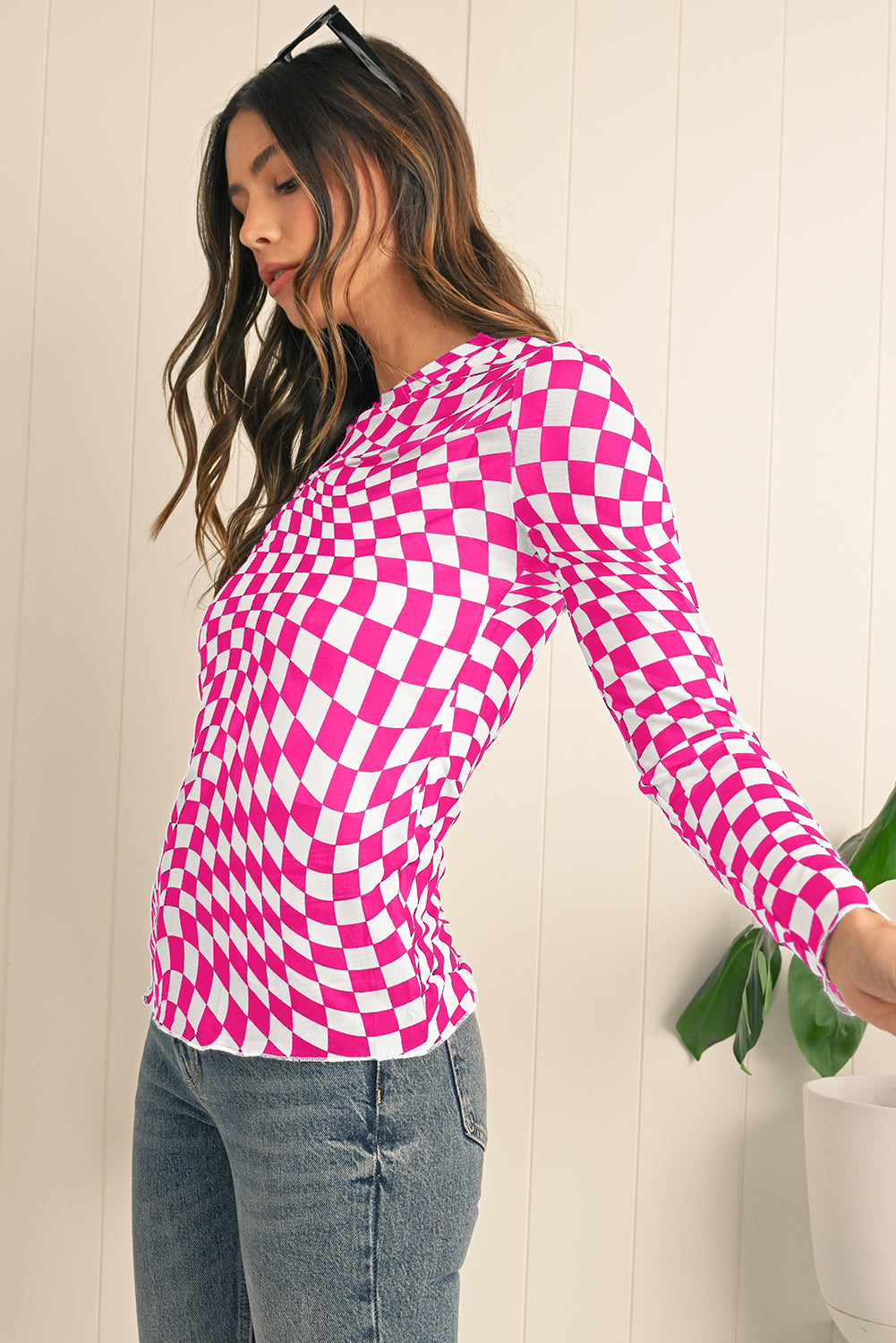Black Checkered Pattern Mesh Long Sleeve Top - Kustom Kreations Goods