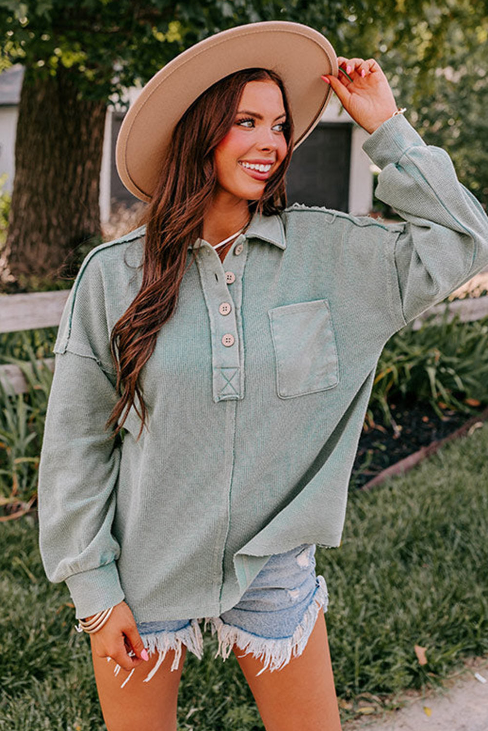 Laurel Green Waffle Exposed Seam Washed Henley Sweatshirt