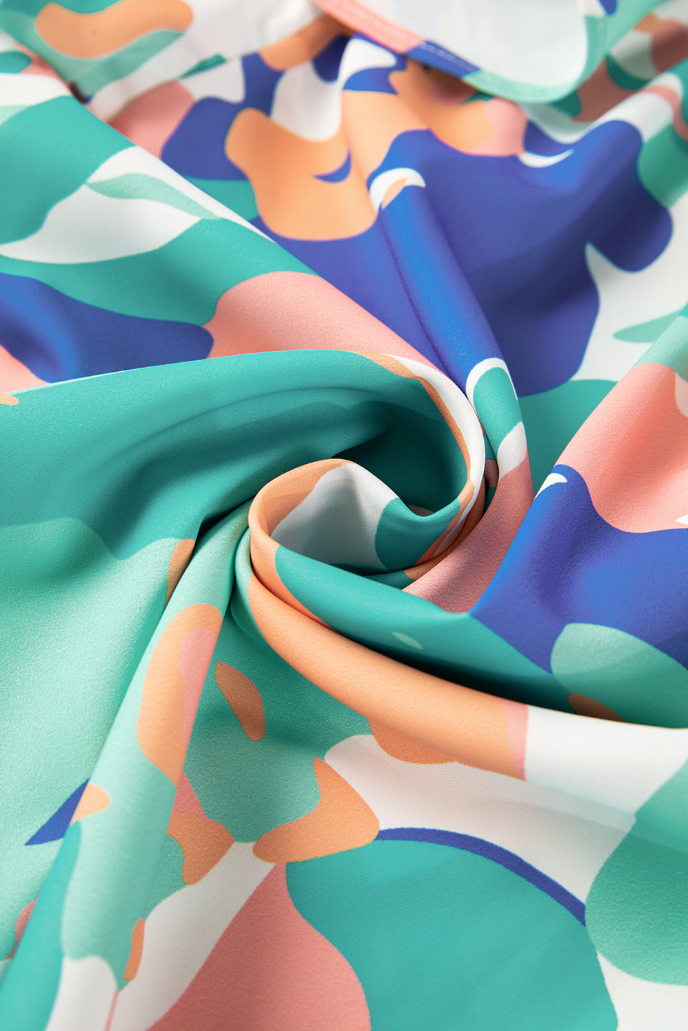 Green Abstract Print Smocked Notched Neck Ruffle Sleeve Blouse