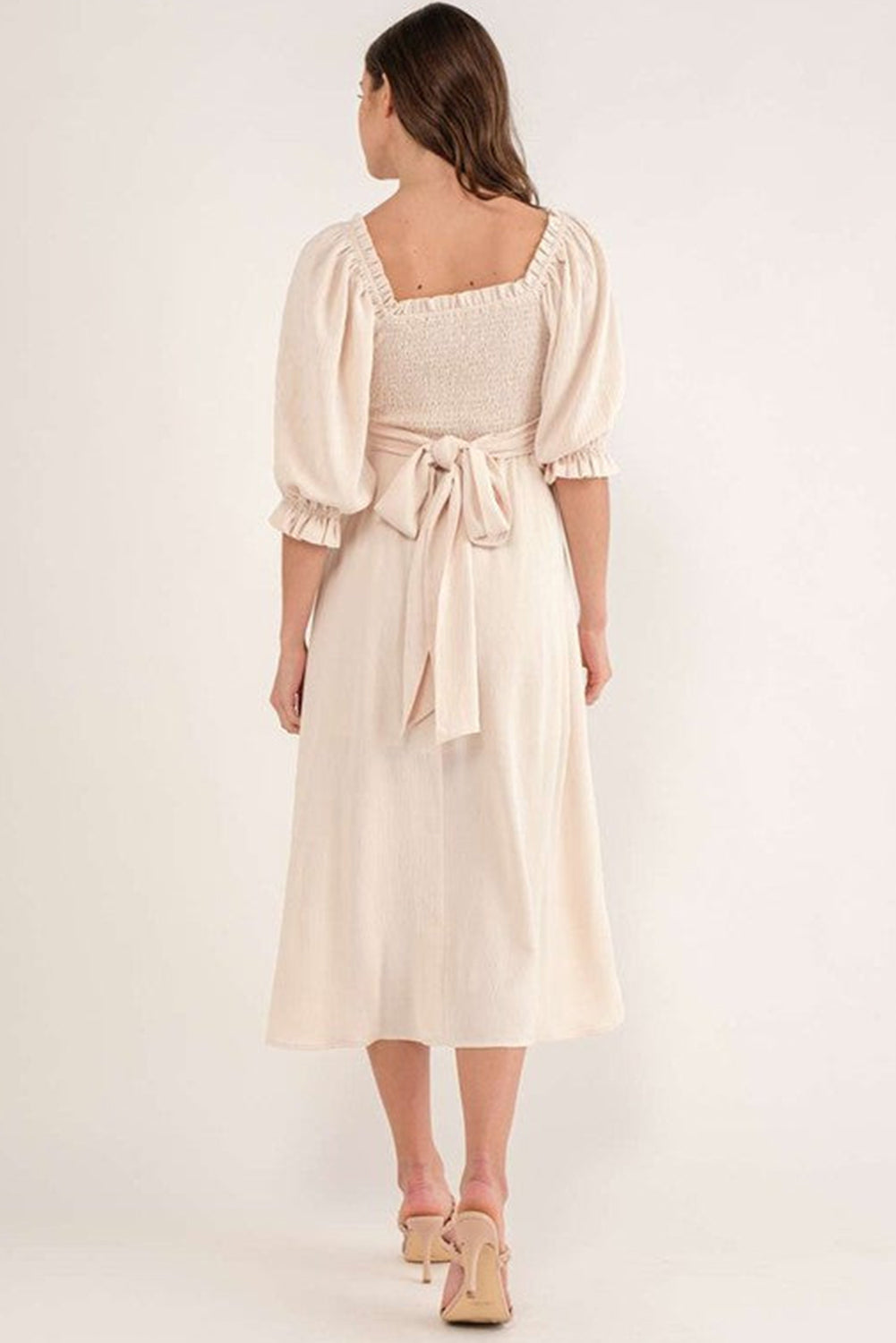 Beige Plain Puff Sleeve Cross Tie Cut Out Maxi Dress