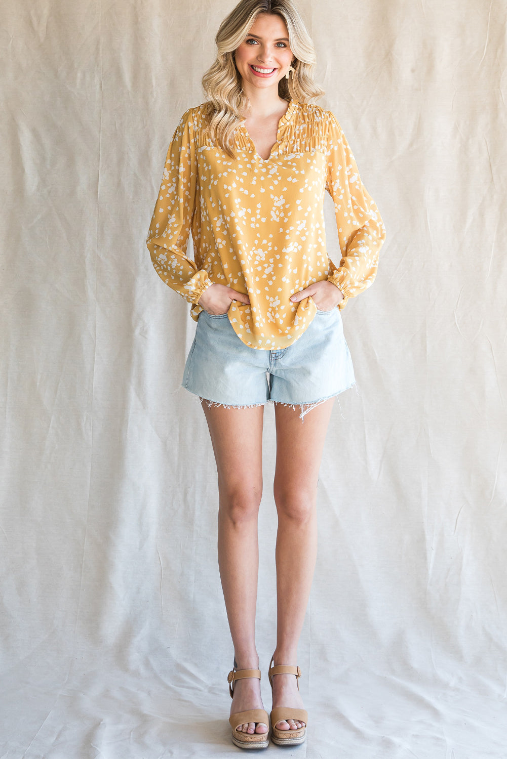 Yellow Frill Split V Neck Boho Crinkled Blouse