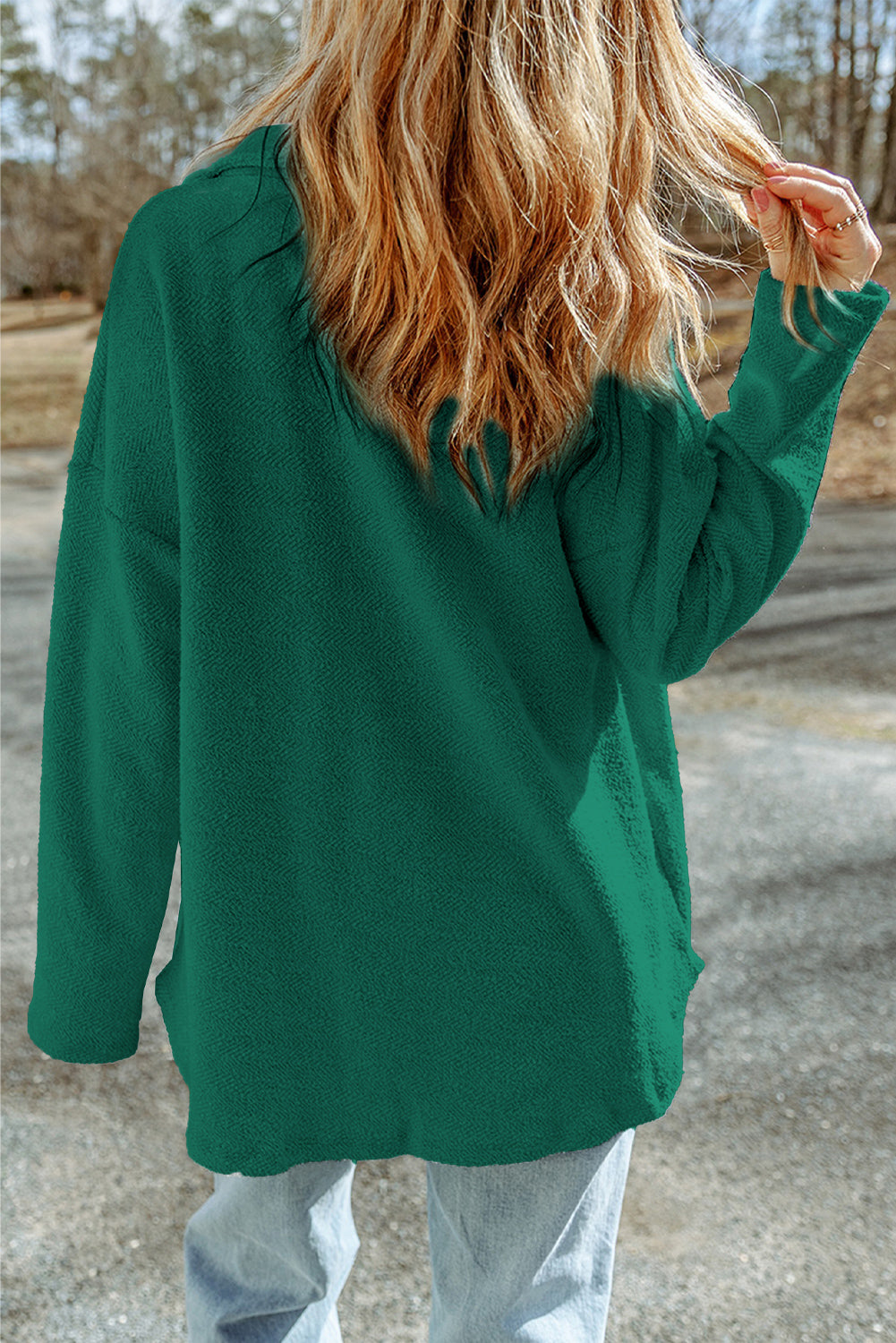 Green Textured Button Up Shirt Jacket with Flap Pockets