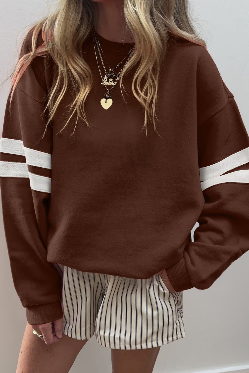 Fiery Red Preppy Striped Sleeve Loose Sweatshirt