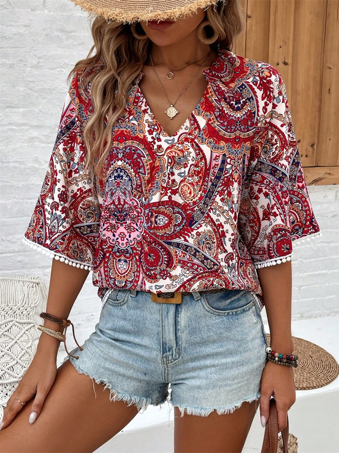 Printed Notched Half Sleeve Blouse