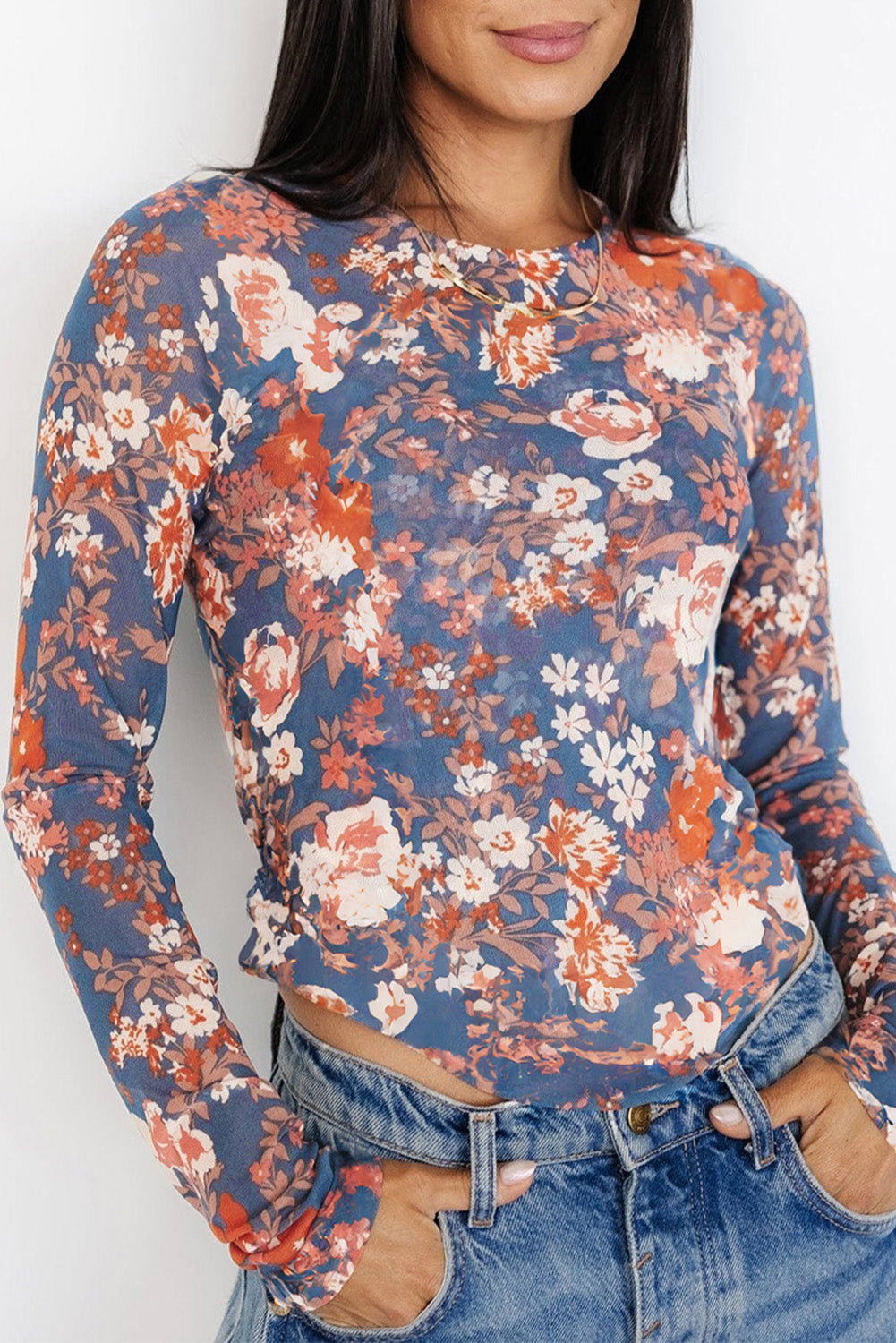 Green Floral Print Mesh Long Sleeve Top - Kustom Kreations Goods