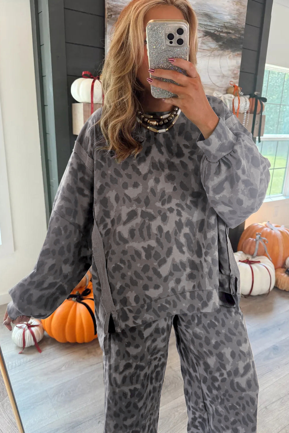 Brown Allover Leopard Print Pullover Drawstring Loose Pants Set