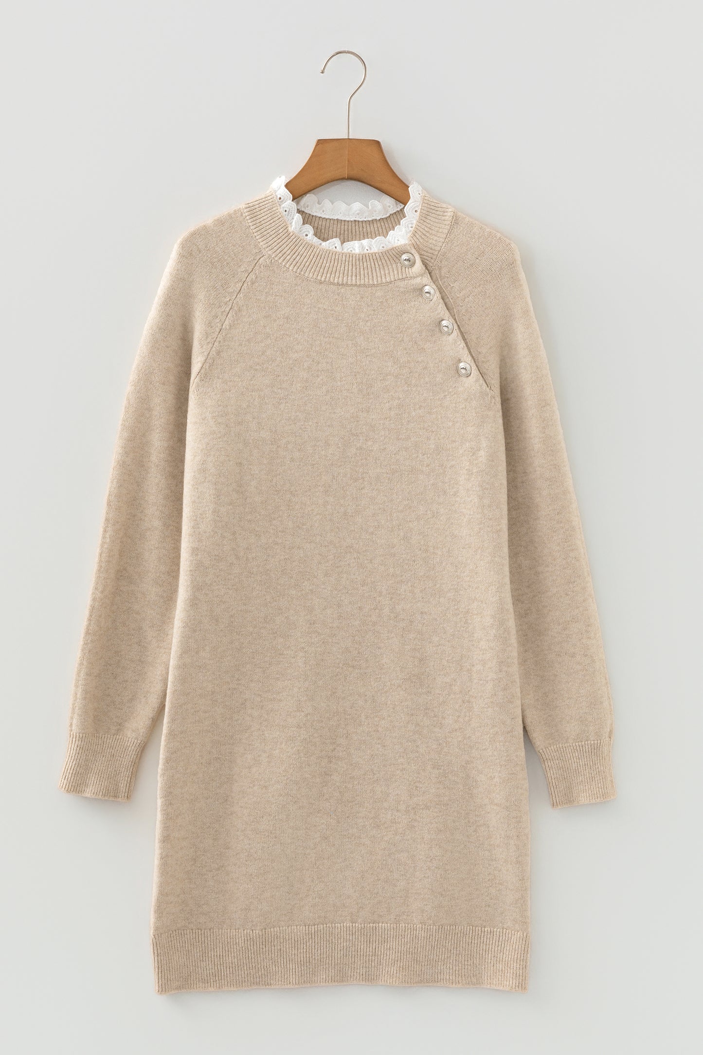 Parchment Button Lace Detail Raglan Sleeve Shift Mini Sweater Dress - Kustom Kreations Goods