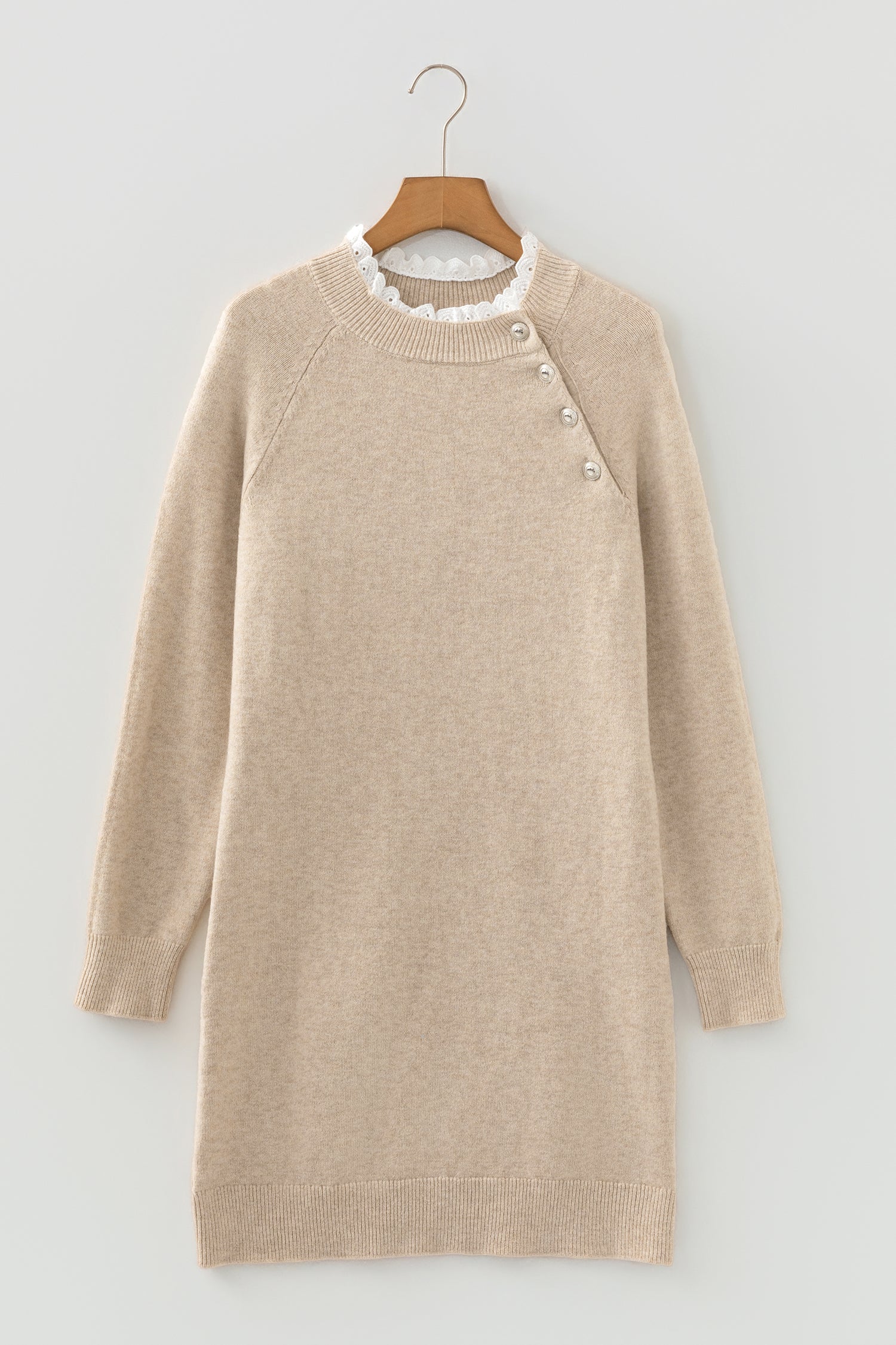 Parchment Button Lace Detail Raglan Sleeve Shift Mini Sweater Dress - Kustom Kreations Goods