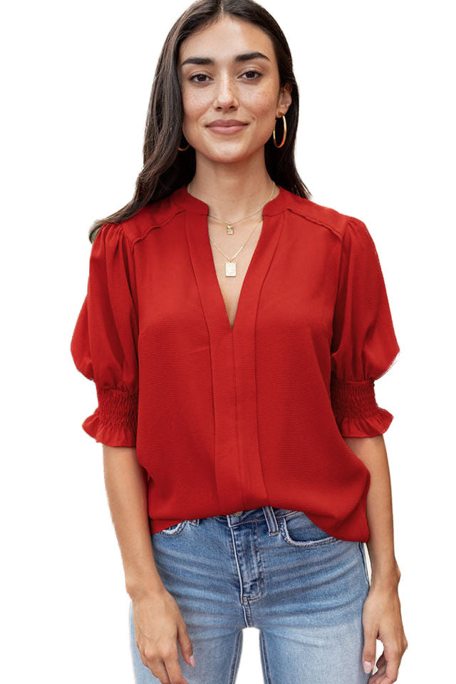 Apricot Solid Puffed Sleeve Shirred V Neck Blouse