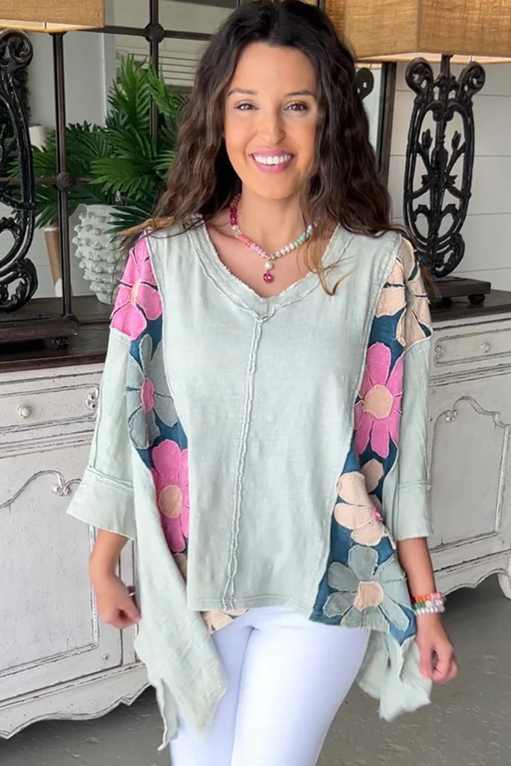 Green Patchwork Floral V Neck Bracelet Sleeve Blouse