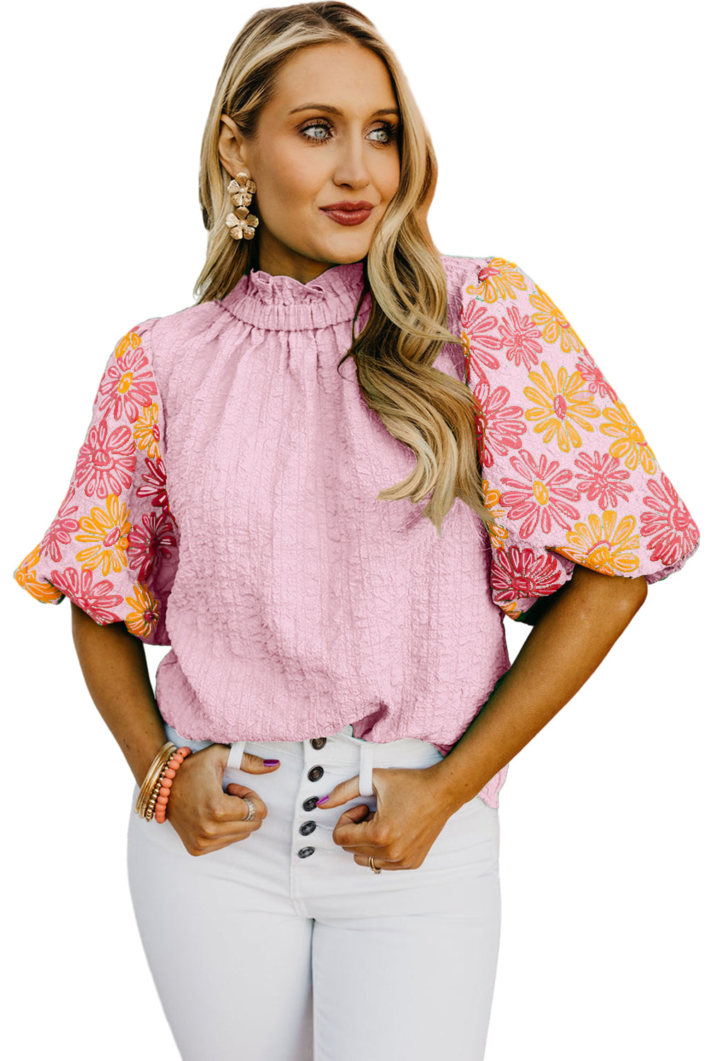 Pink Floral Print Puff Sleeve Button Back Frill Neck Blouse