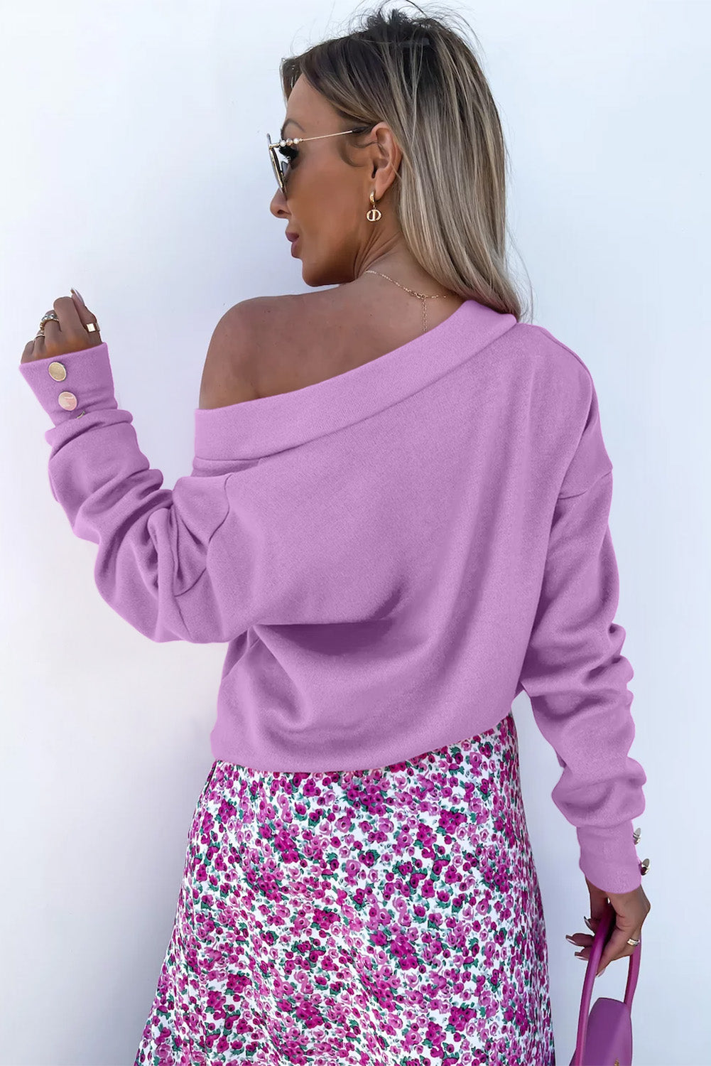 Purple V-neck Shoulder Down Long Sleeved Top