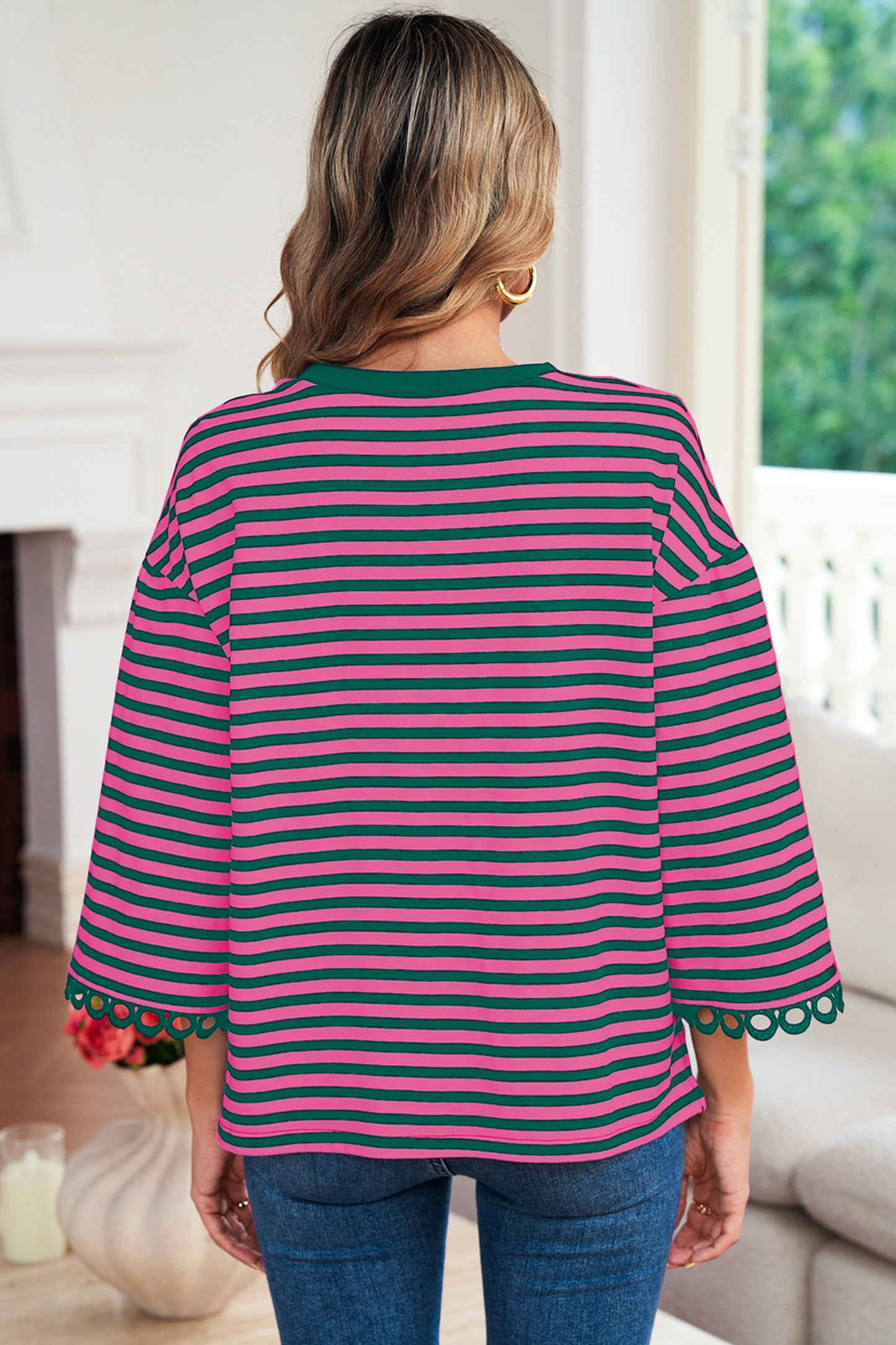 Racing Red Striped Round Neck Contrast Trim Bell Sleeve Top