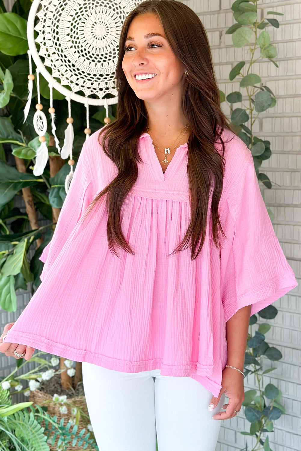 Pink Solid Color Crinkled Half Sleeve Babydoll Blouse