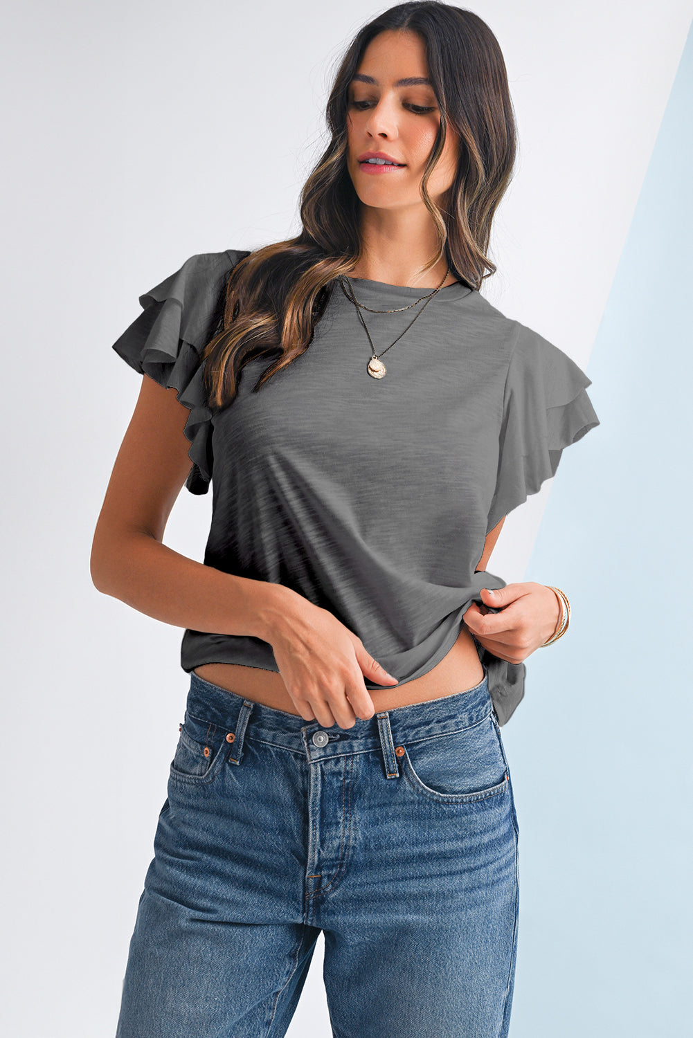 Dark Grey Ruffle Sleeve Plain Blouse - Kustom Kreations Goods