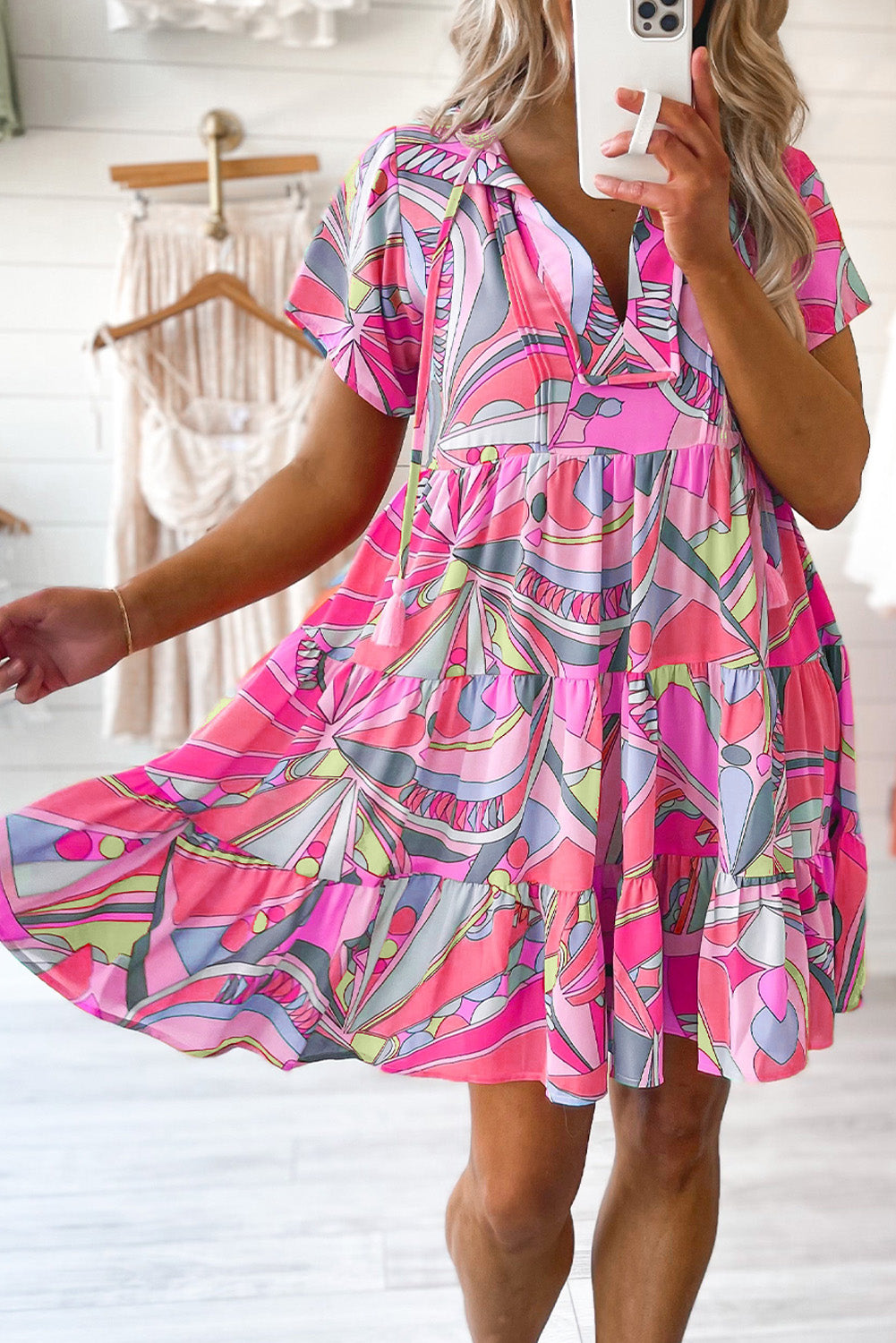 Pink Abstract Print Split V Neck Short Sleeve Tiered Dress