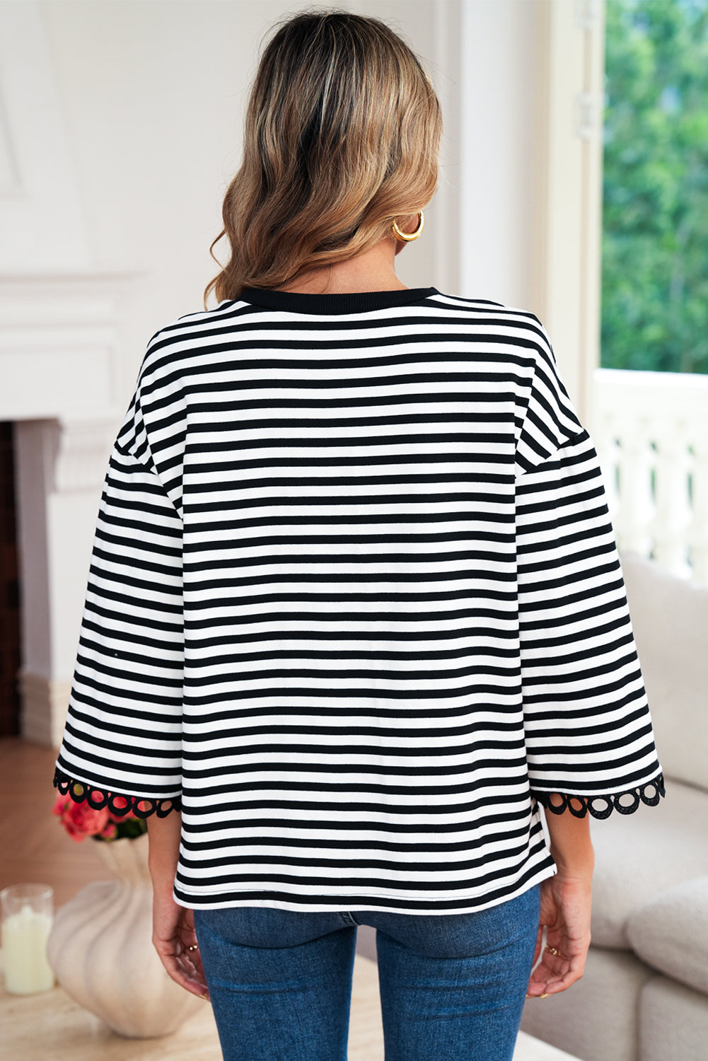 Racing Red Striped Round Neck Contrast Trim Bell Sleeve Top