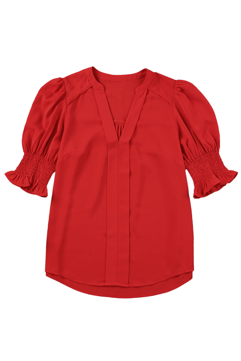 Apricot Solid Puffed Sleeve Shirred V Neck Blouse