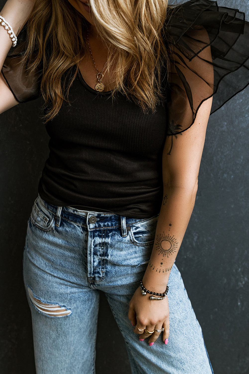 Black Mesh Flutter Sleeve Ribbed Knit Blouse
