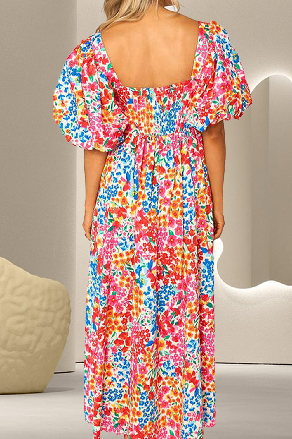 Printed Sweetheart Neck Puff Sleeve Dress