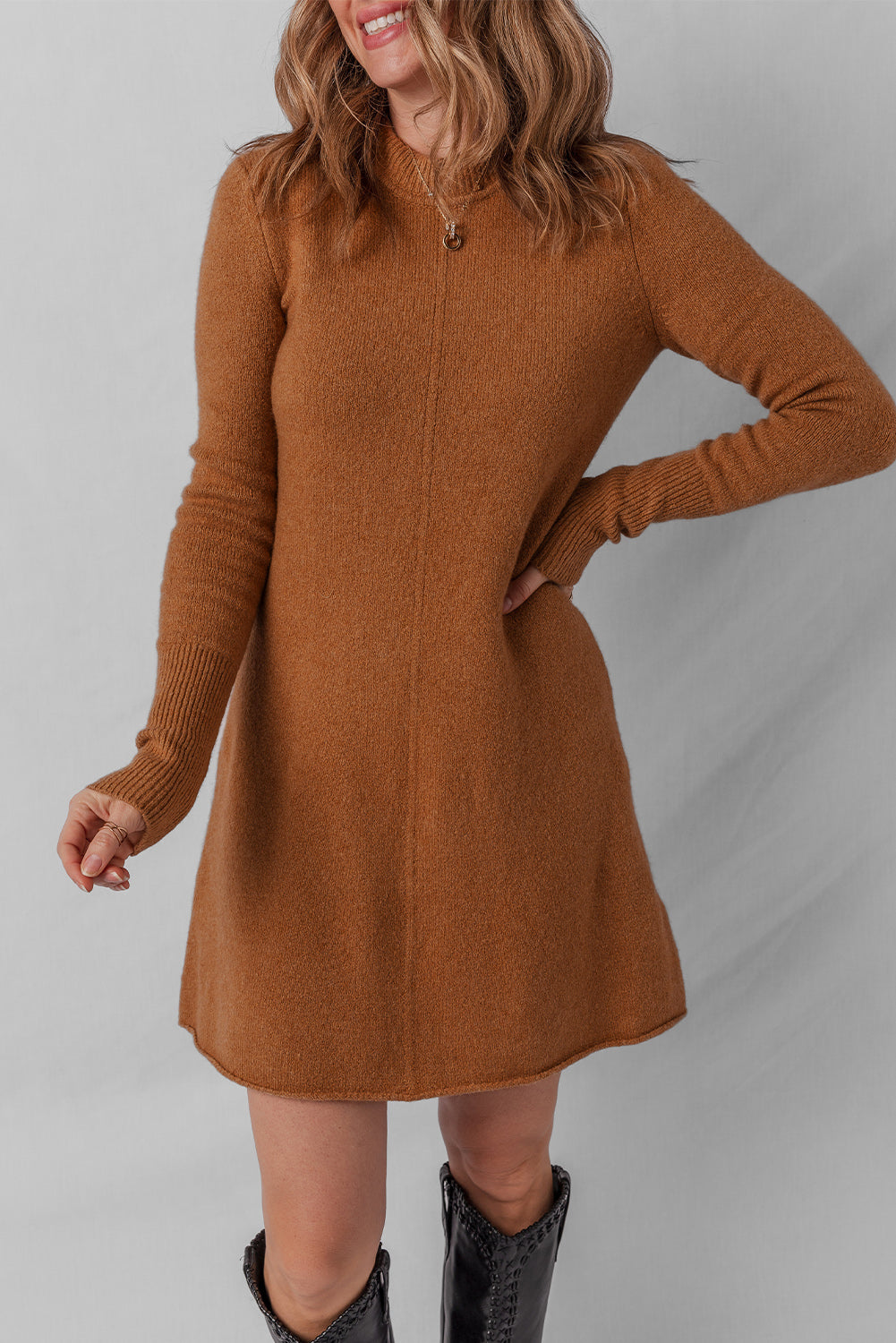 Straw Yellow Ribbed Detail Solid Color Mini Sweater Dress - Kustom Kreations Goods