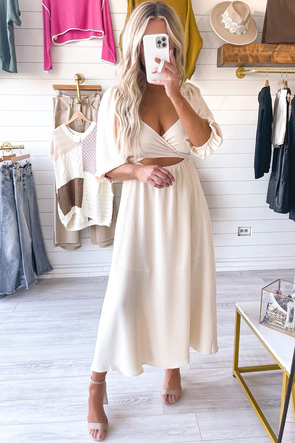 Beige Plain Puff Sleeve Cross Tie Cut Out Maxi Dress