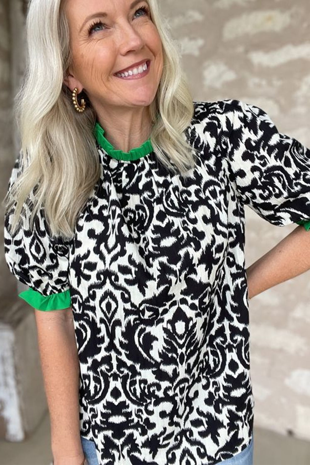 Black Abstract Frill Sleeve Stand Neck Blouse