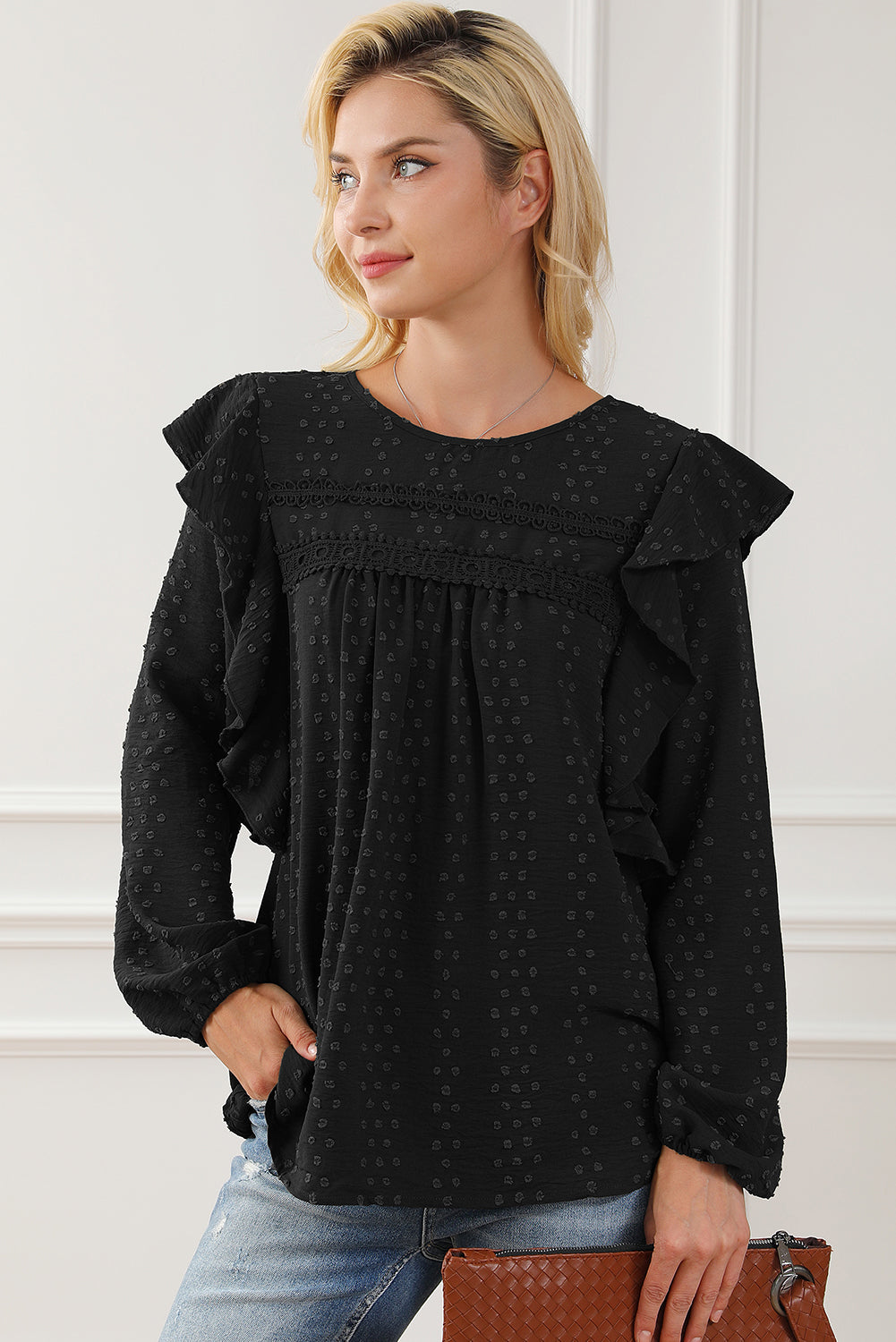 Black Swiss Dot Ruffle Shoulder Long Sleeve Blouse