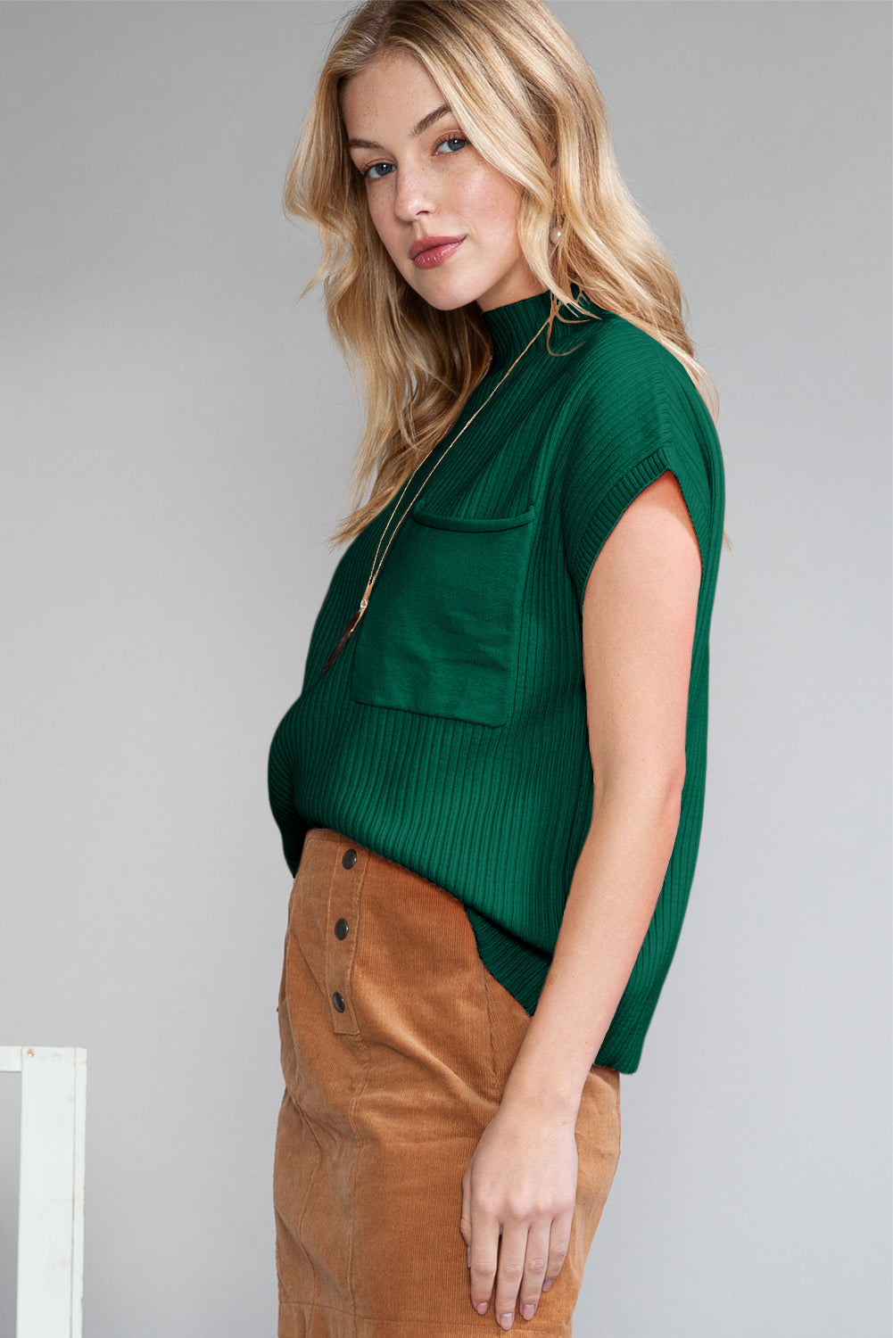 Green Patch Pocket Ribbed Knit Short Sleeve Sweater - Kustom Kreations Goods