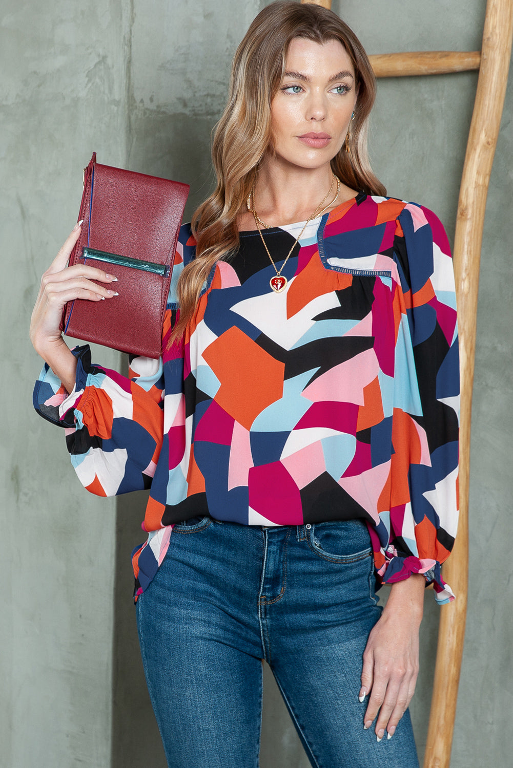 Multicolor Colorblock Casual Ruffle Puff Sleeve Blouse