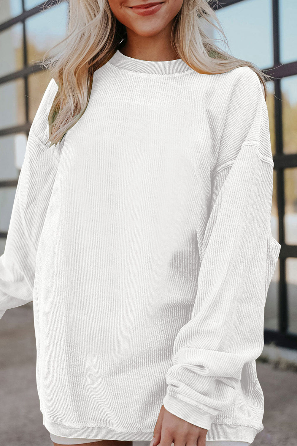 Orange Plain Drop Sleeve Rib-Knit Oversized Sweatshirt