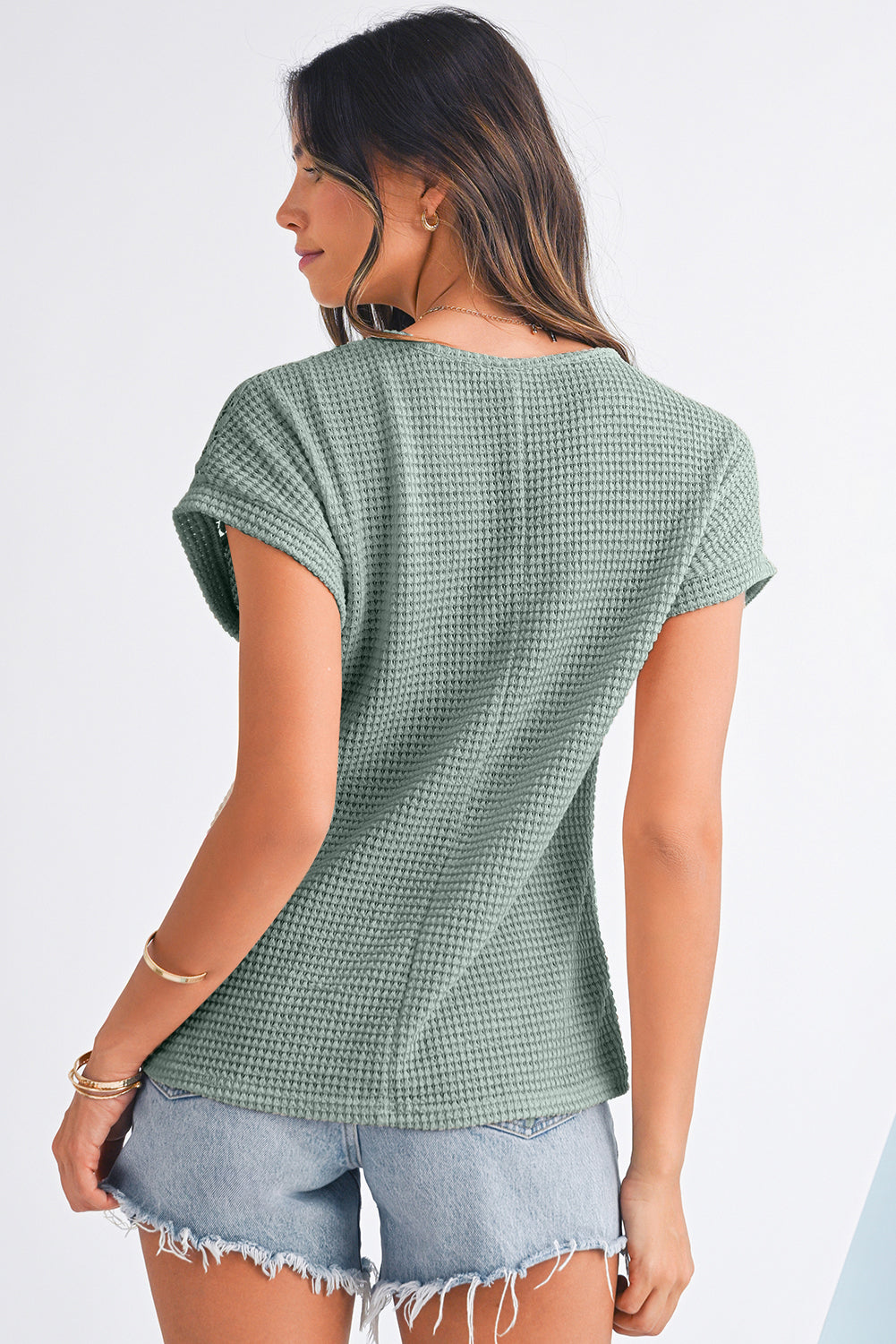 Mist Green Hollow Patchwork Waffle Knit Top - Kustom Kreations Goods