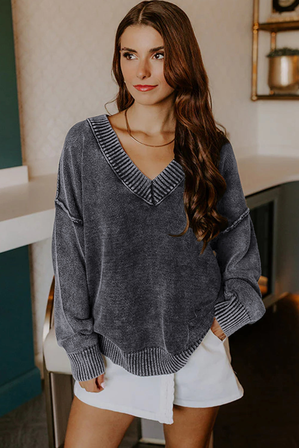 Black Mineral Wash V Neck Knit Exposed Seam Drop Shoulder Loose Sweater