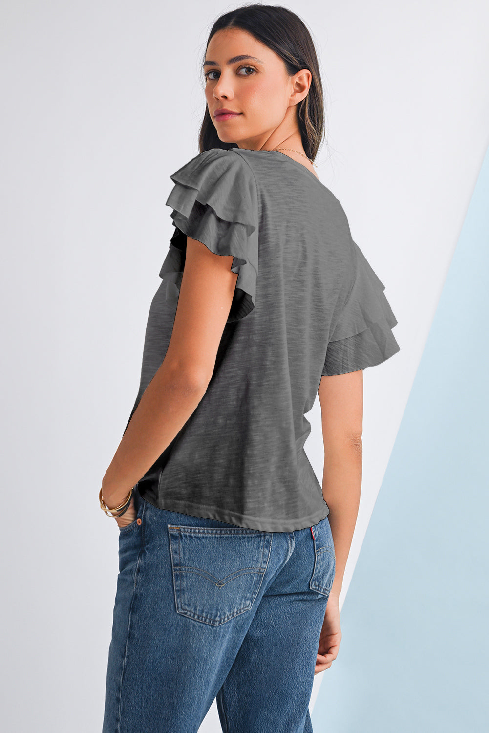 Dark Grey Ruffle Sleeve Plain Blouse - Kustom Kreations Goods