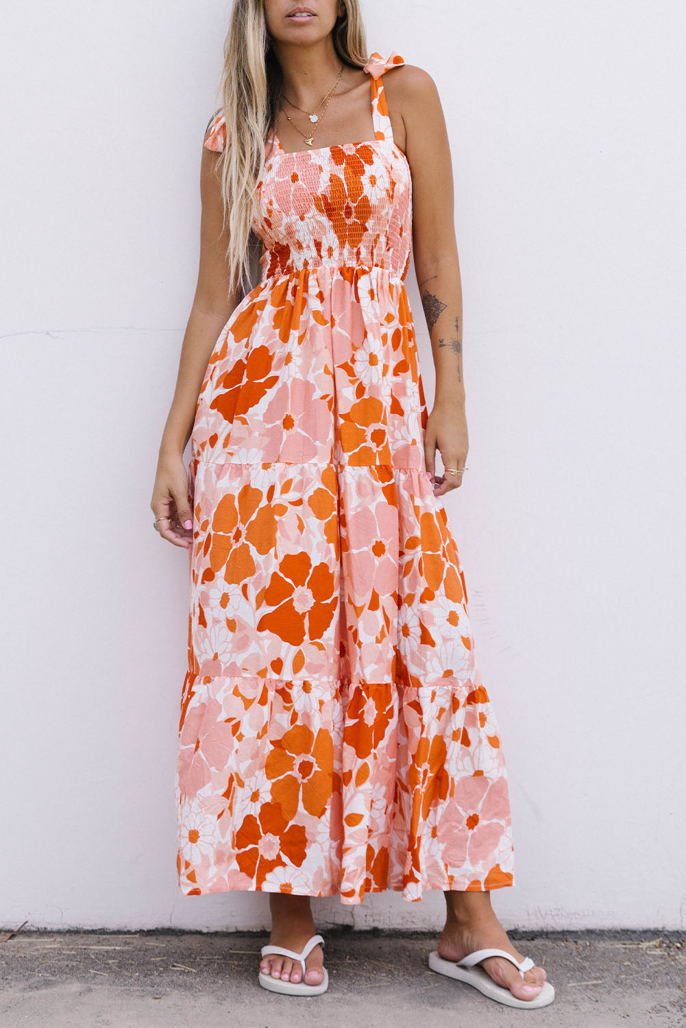 Orange Floral Print Boho Smocked Maxi Dress