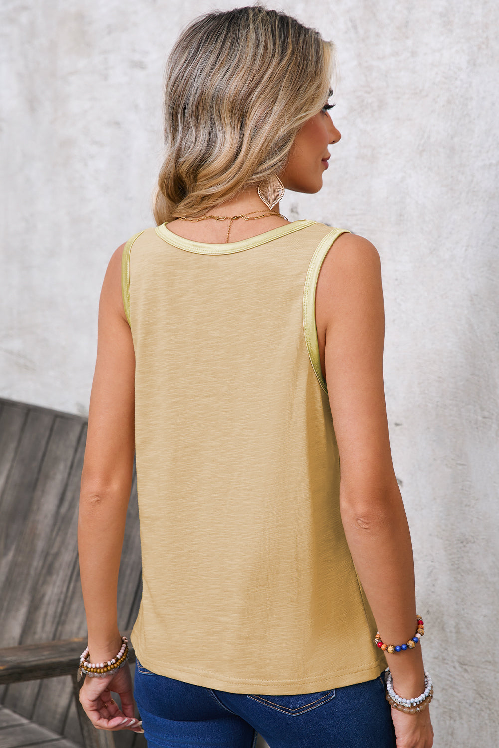 Mist Green Contrast Trim Round Neck Tank Top