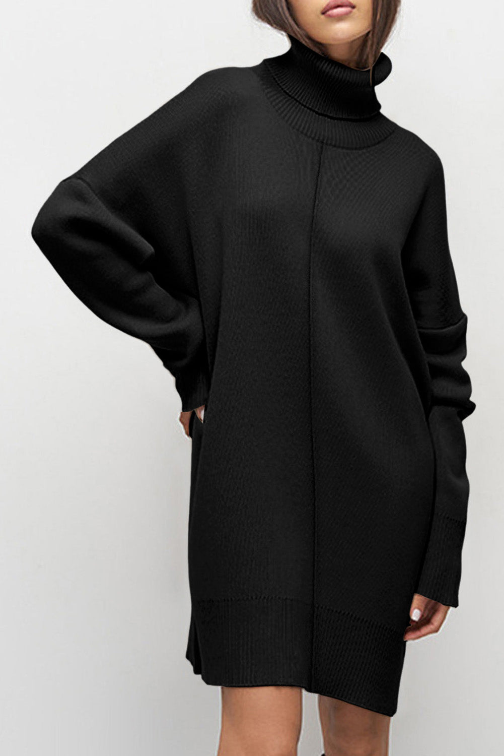 Black Solid Color Turtleneck Drop Shoulder Loose Sweater Dress - Kustom Kreations Goods
