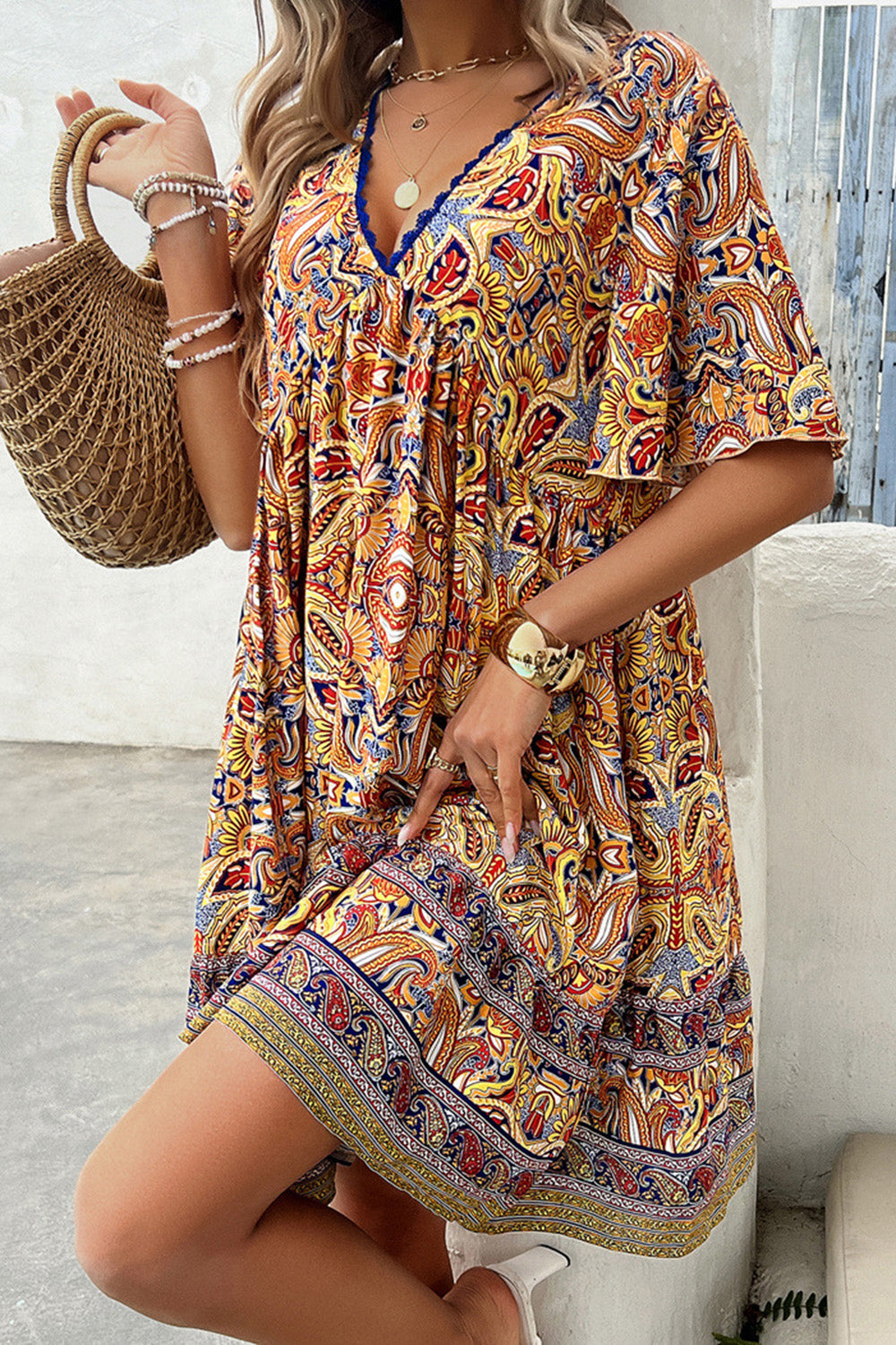 Printed V-Neck Half Sleeve Mini Dress