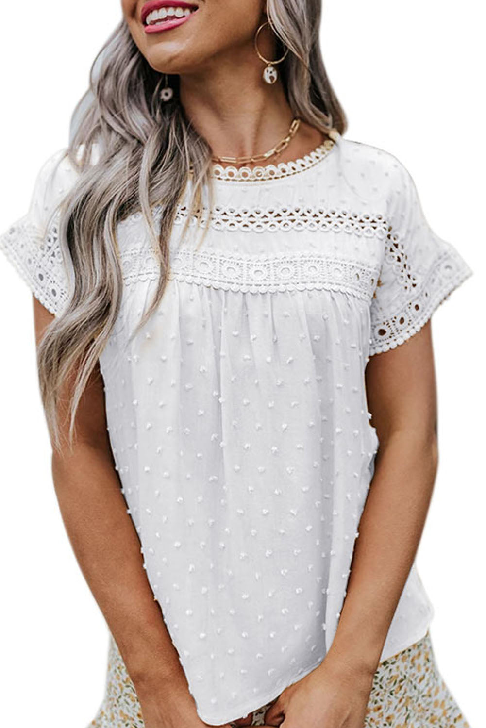 Apricot Swiss Dot Crochet Eyelet Back Button Detail Blouse