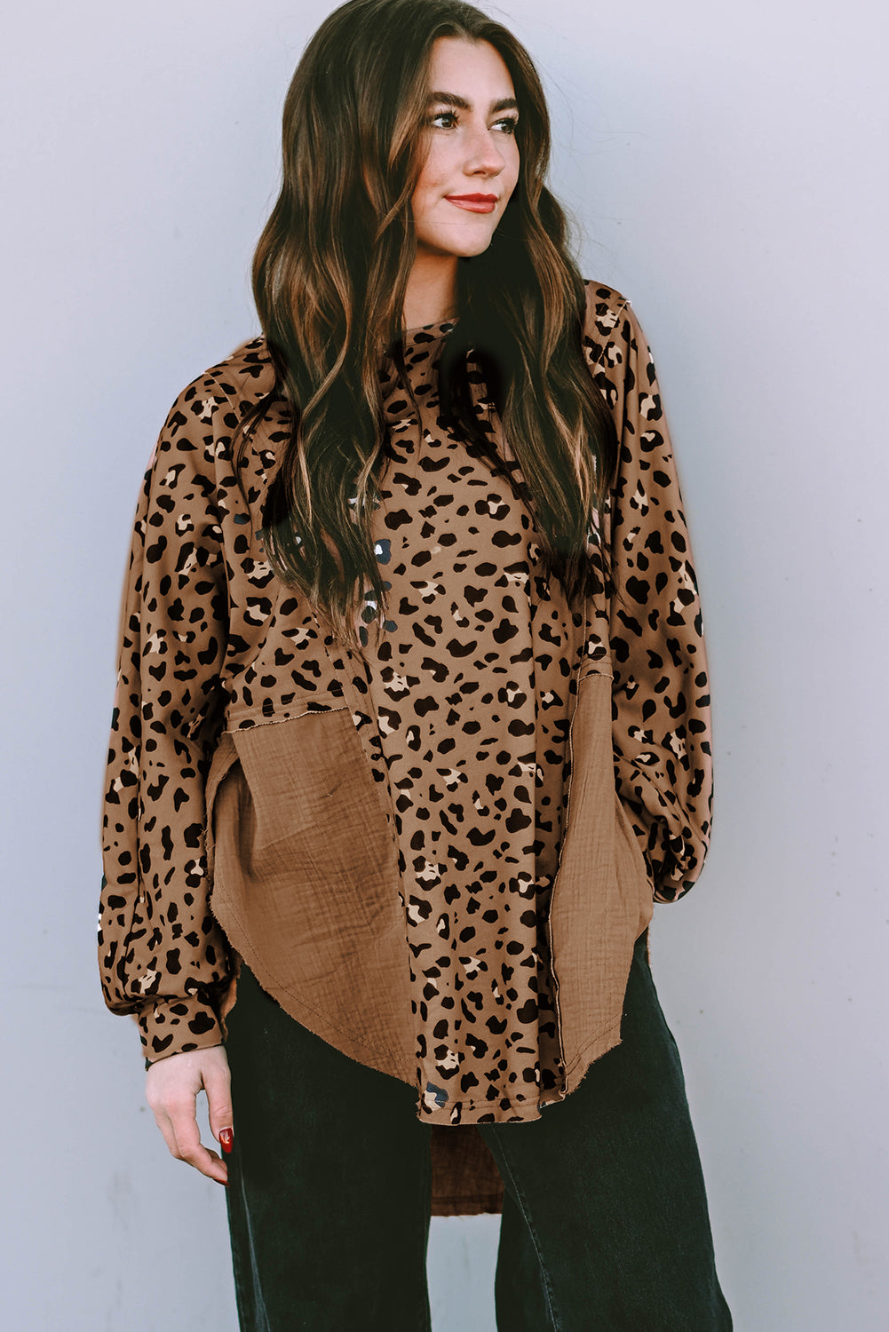 Pink Leopard Patchwork Raw Edge Oversized Top