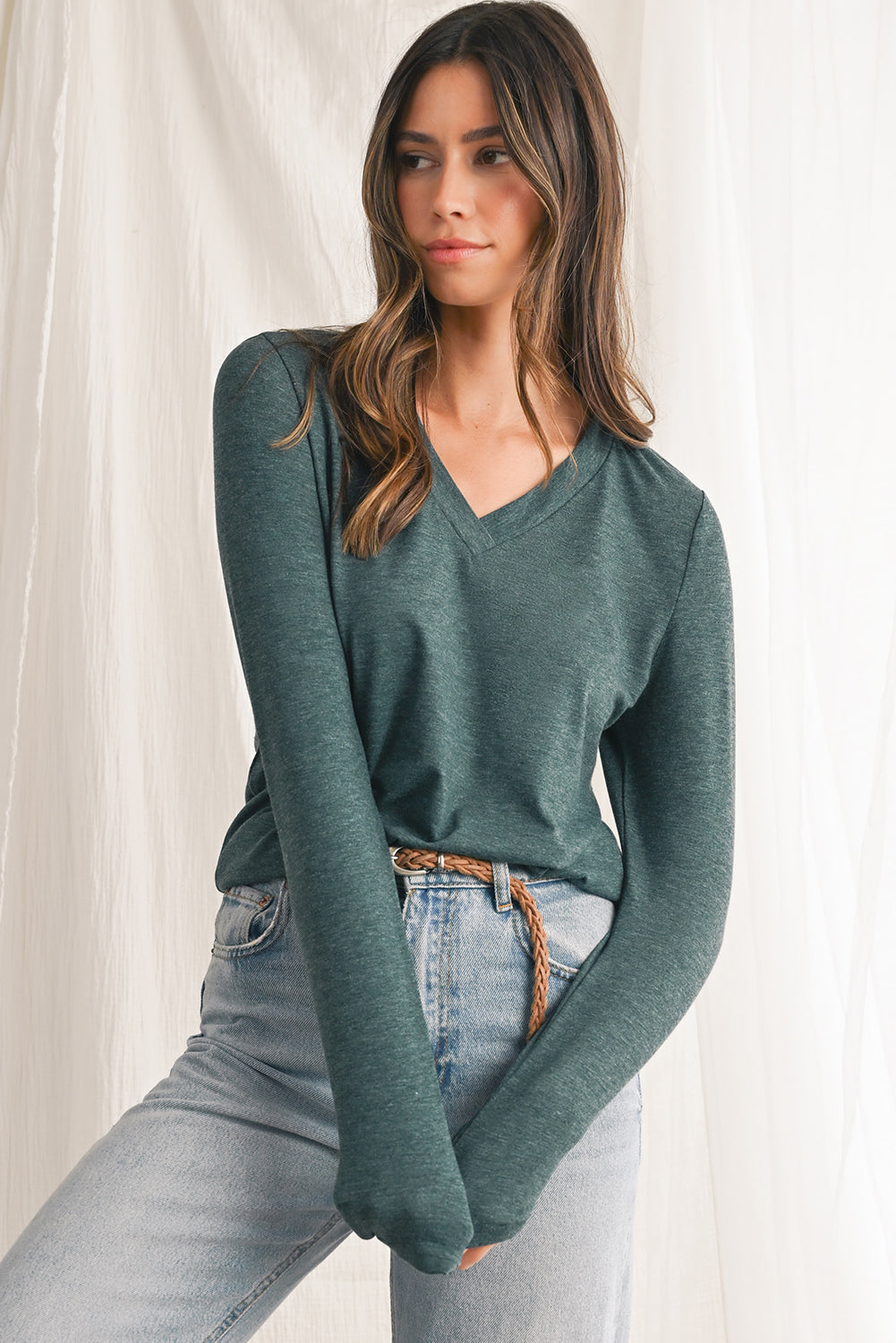 Misty Green Solid V-Neck Long Sleeve Top