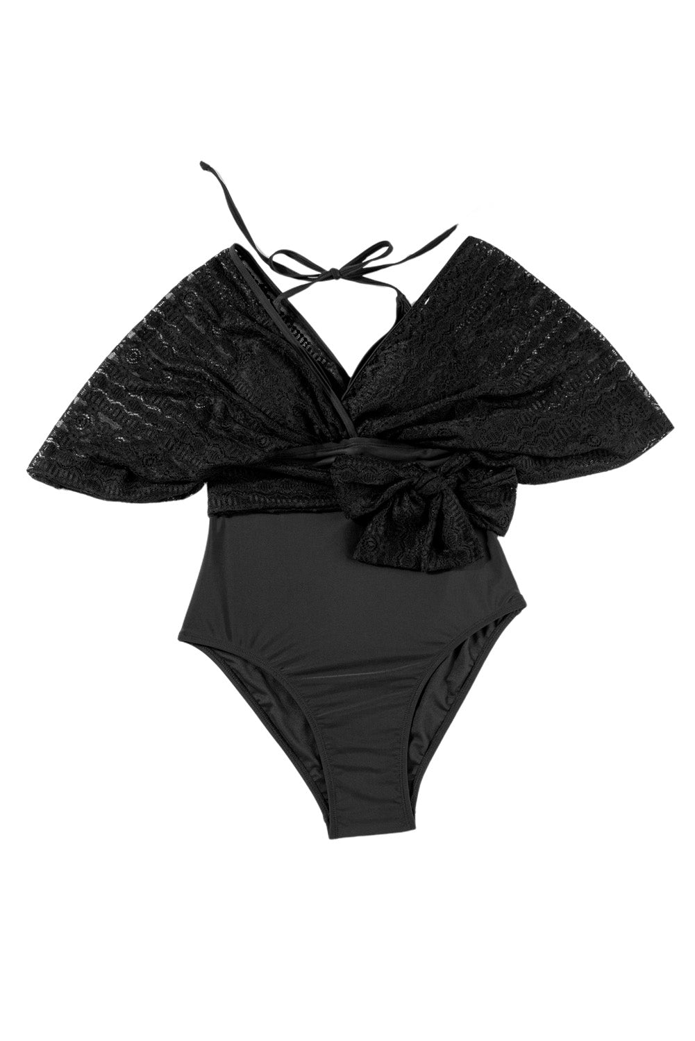 Black Lace Patchwork Short Sleeve V Neck One Piece Swimsuit