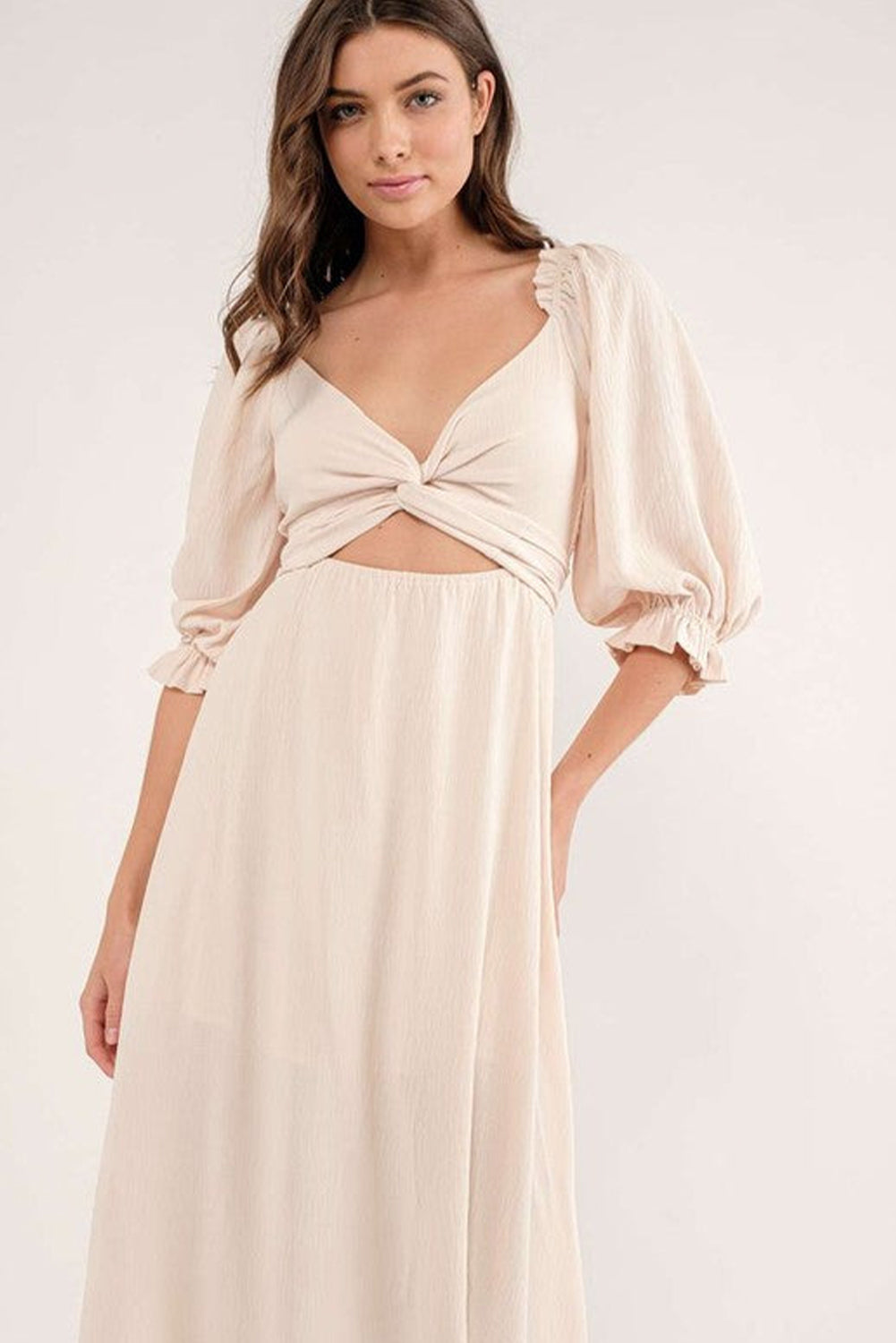 Beige Plain Puff Sleeve Cross Tie Cut Out Maxi Dress